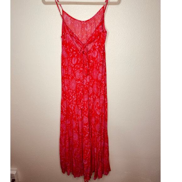 Lush Red & Pink Scoop Neck Open Tie Back Floral Print Boho Midi Sun dress S - Picture 3 of 13